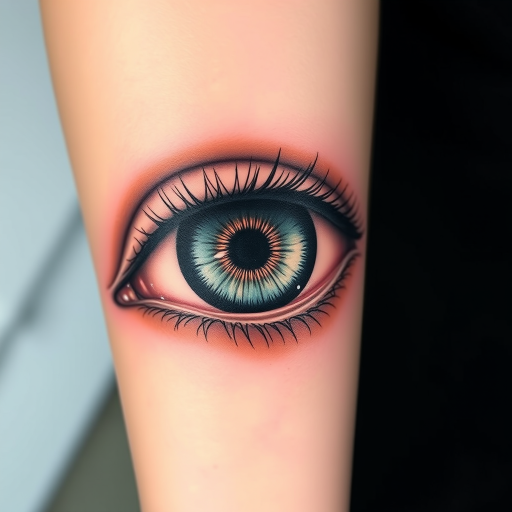 Hyper-realistic eye tattoo, "Window to the Soul," showcasing incredible detail in the iris, pupil, and surrounding skin, with subtle color gradients and precise highlighting to create a lifelike 3D effect, perfect for placement on the inner arm or back of the hand