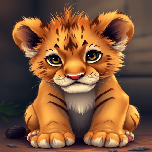 create a highly detailed digital illustration of a cute and playful lion cub sitting down, vibrant colors, soft lighting, focus on the eyes, camera settings: f/2.8, ISO 100, shutter speed 1/200, camera view: eye level, camera style: portrait, camera type: DSLR