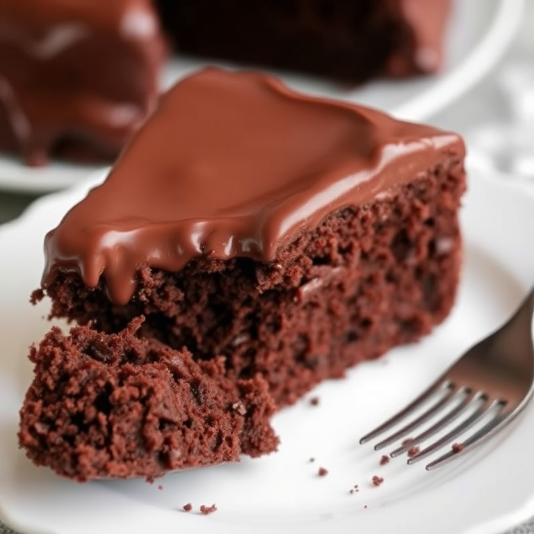 A slice of rich chocolate cake with a glossy chocolate ganache on top served on a white plate with a fork and a bite taken out of the cake showing its moist texture.