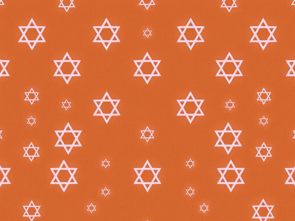 create a seamless pattern of small star of David symbols in a soft pink color on a warm brown background, taken with a Canon EOS R5, 50mm lens, f/8 aperture, ISO 100, natural light, top-down view, high-resolution digital photography