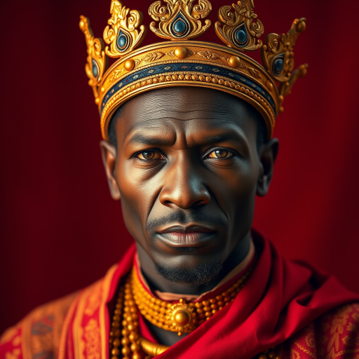 portrait of an African king wearing a golden crown and robe with intricate details, warm red background, high resolution, ISO 100, f/2.8 aperture, 50mm lens, taken with a DSLR camera, soft lighting to enhance facial features and textures, focus on royal attire and expressions