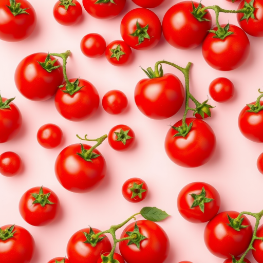 Generate a seamless pattern design featuring numerous bright red tomatoes on a light pink background, using a high-resolution DSLR camera with a 50mm lens at f/8 aperture, ISO 100, and a shallow depth of field to enhance texture and detail.