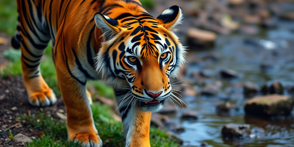 A close-up shot of a tiger walking near a stream, capturing its detailed fur and focused expression, taken with a DSLR camera at f/4, 1/250s, ISO 200, using a 70-200mm lens from a slightly low angle for enhanced depth of field and clarity.