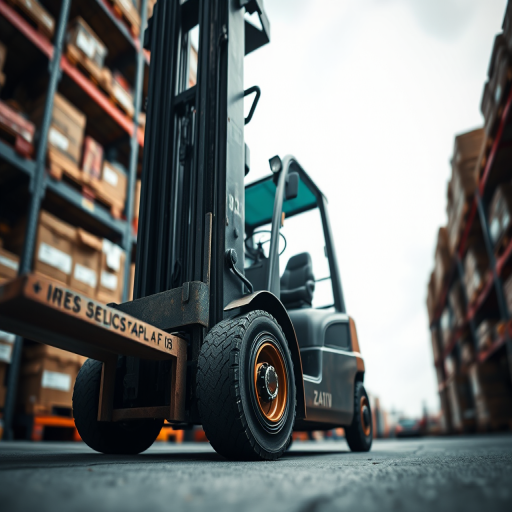 a high-resolution image of a forklift captured from a low angle view, using a DSLR camera with a 50mm lens, aperture set to f/2.8 for a shallow depth of field, ISO 100 for optimal light quality, and a soft focus background to highlight the foreground subject