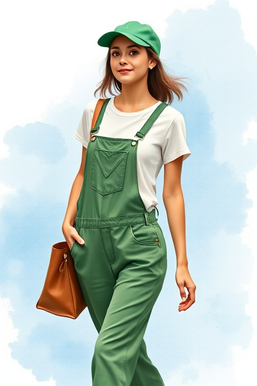 Create a high-quality digital painting of a young woman walking confidently, wearing green overalls and a white t-shirt, with a brown tote bag slung over her shoulder and a green cap, set against a soft blue watercolor background, captured with a Canon EOS R5, 50mm lens, aperture f/1.8, shutter speed 1/125s, ISO 100, natural lighting.