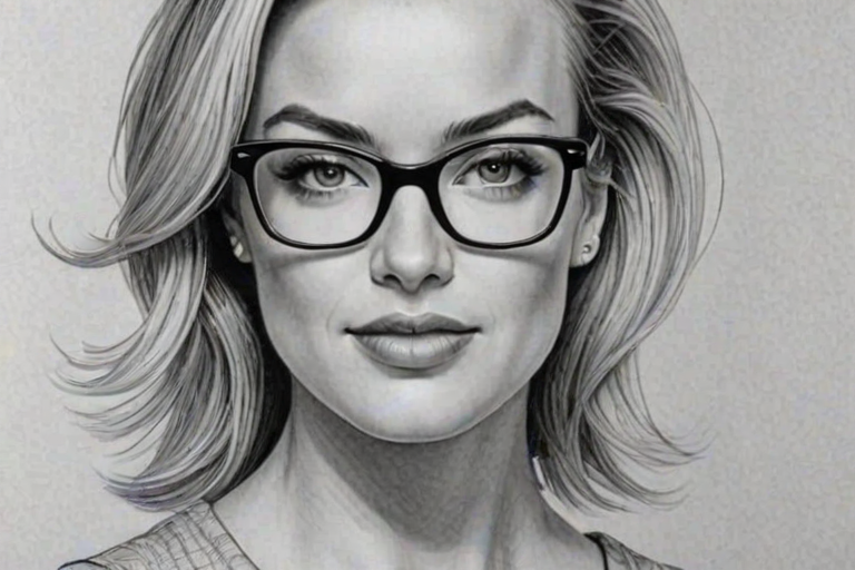 Stunning Yvonne Strahovski, pencil sketch, portrait of Gorgeous woman 1962s in glasses, hair style beatnik, outline, clear lines, fine lines, 8k