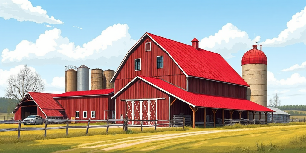 Illustration of a rural barn scene with red roof and silos, perspective view, vector style, 4k resolution, shot with a digital camera at f/8 aperture, ISO 100, 24mm lens for wide angle capture.