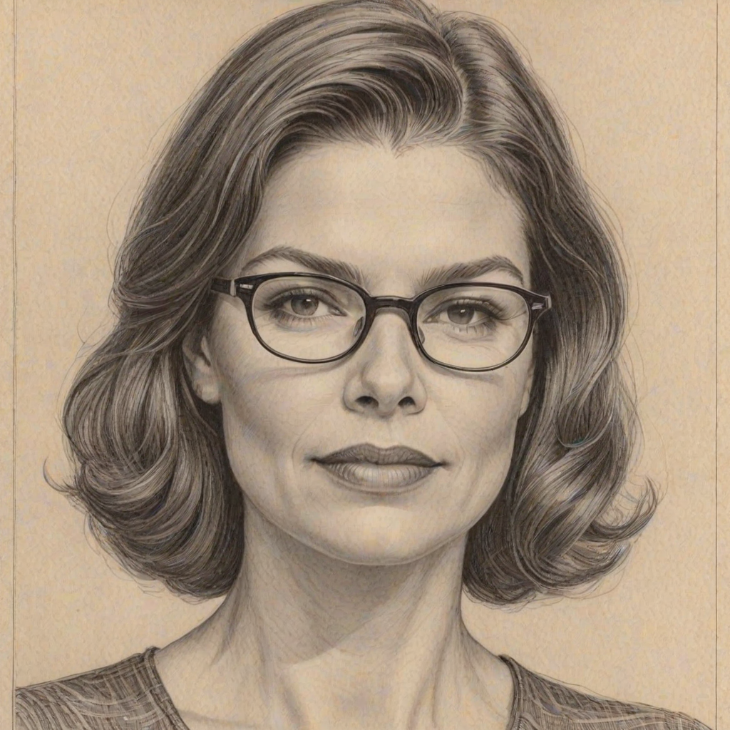 Resplendent Jeanne Tripplehorn, pencil sketch, portrait of Stunning woman 1931s in glasses, hair style beatnik, outline, clear lines, fine lines, 8k