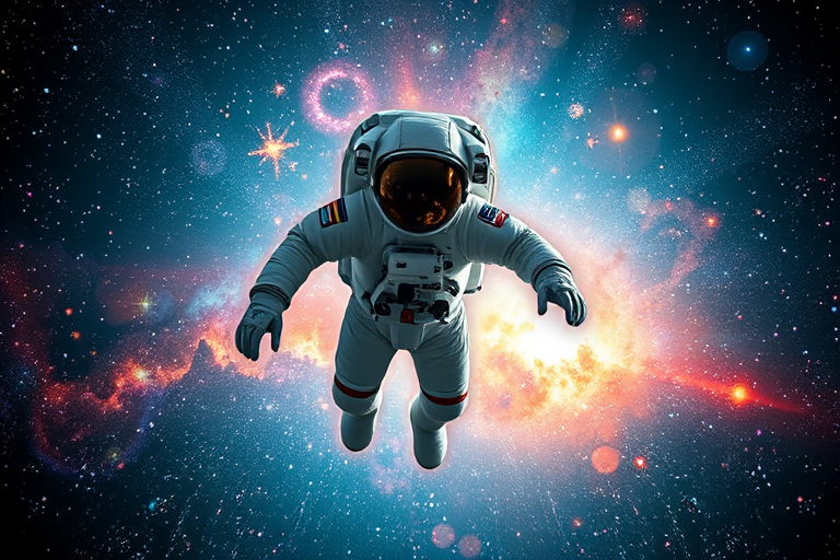 create an image of an astronaut floating in space amidst vivid stars and colorful galaxies, shot with a DSLR camera at f/1.8 aperture, ISO 100, shutter speed 1/200, from a low-angle perspective with a wide-angle lens to enhance depth and detail in the cosmos, rendered in high dynamic range for vibrant colors and clarity