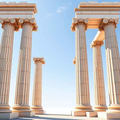 Create a high-resolution illustration of two classical Greek columns, utilizing a DSLR camera with a 50mm lens, f/8 aperture, ISO 100, and a soft natural light setting, in a front-facing symmetrical view to enhance detail and clarity.
