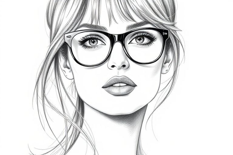 Beautiful Cameron Diaz, pencil sketch, portrait of beautiful woman 60s in glasses, hair style beatnik, outline, clear lines, fine lines, 8k