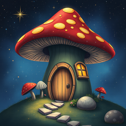 imagine illustration of a mushroom house with a door and a window, a storybook , fantasy art, mushroom house, bg starry sky, sparkles