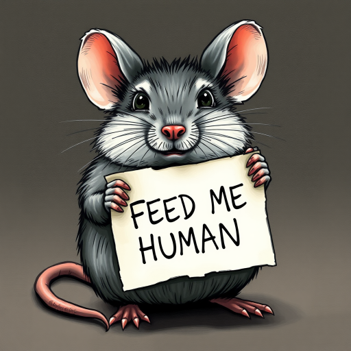 mouse holding a note which says "FEED ME HUMAN"