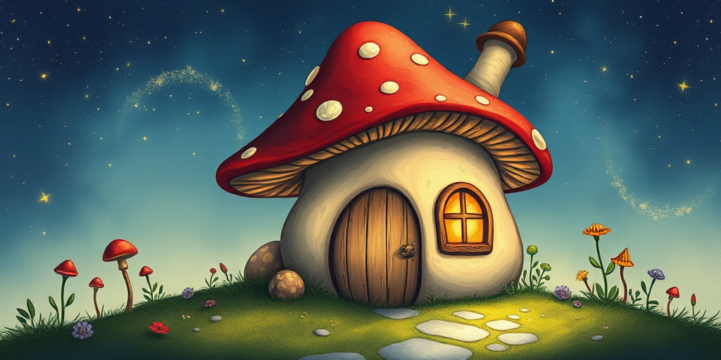 this photo is illustration of a mushroom house with a door and a window, a storybook , fantasy art, mushroom house, bg starry sky, sparkles