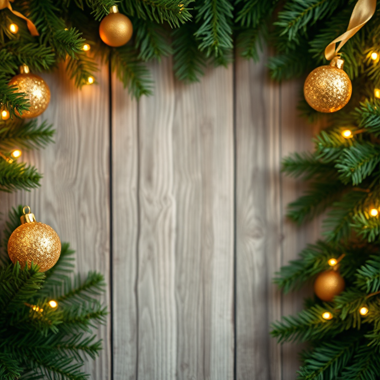 create a festive image of a wooden background with evergreen branches framing the edges, adorned with gold glitter ornaments and soft glowing lights, use a DSLR camera with a 50mm lens, aperture f/2.8, ISO 100, and a shallow depth of field for a blurred background effect
