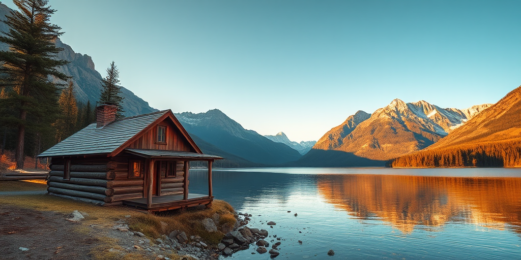 photograph a rustic cabin by a serene lake surrounded by majestic mountains during a clear day, use a Canon EOS R5 with a 24-70mm f/2.8 lens, aperture f/8, ISO 100, shutter speed 1/200s, wide-angle view, golden hour lighting for enhanced warmth and depth