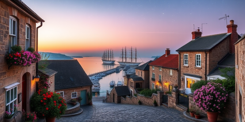 Regenerate a picturesque coastal village scene during twilight with cobblestone streets, charming stone houses, blooming flowers, and a view of tall ships in the harbor under a starry sky, using a DSLR camera, 24mm lens, f/8 aperture, ISO 200, 1/125 sec shutter speed, and soft lighting for enhanced quality.