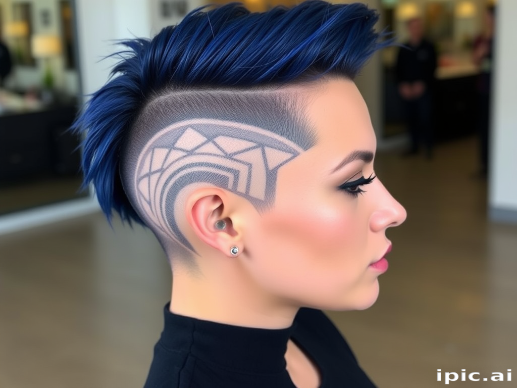 Striking midnight blue-haired vixen sporting an asymmetrical undercut with intricate, shaved patterns and bold, geometric lines