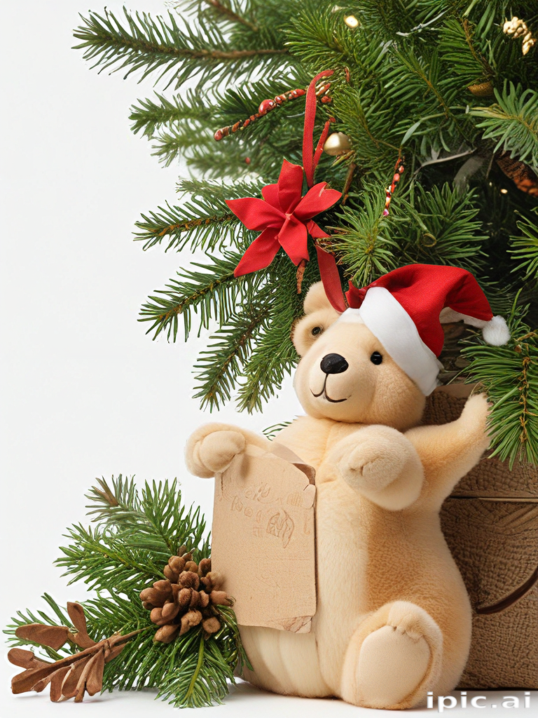 Festive Teddy Bear with Santa Hat by a Christmas Tree Decoration
