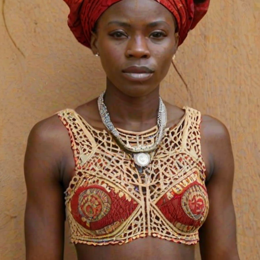 Face, shoulders, chest covered in openwork Igbo embroidery. Raw, unedited image.