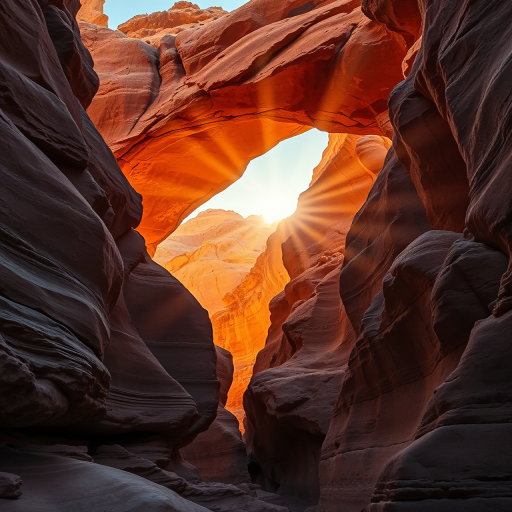 regenerate a stunning landscape of sunlight streaming through a rock archway in a canyon, use a Canon EOS R5 camera with a 24-70mm f/2.8 lens, aperture set to f/8, ISO 100, shutter speed 1/125 sec, golden hour lighting for rich colors and shadows, focus on the texture of the rocks and the soft glow of the sunlight illuminating the scene