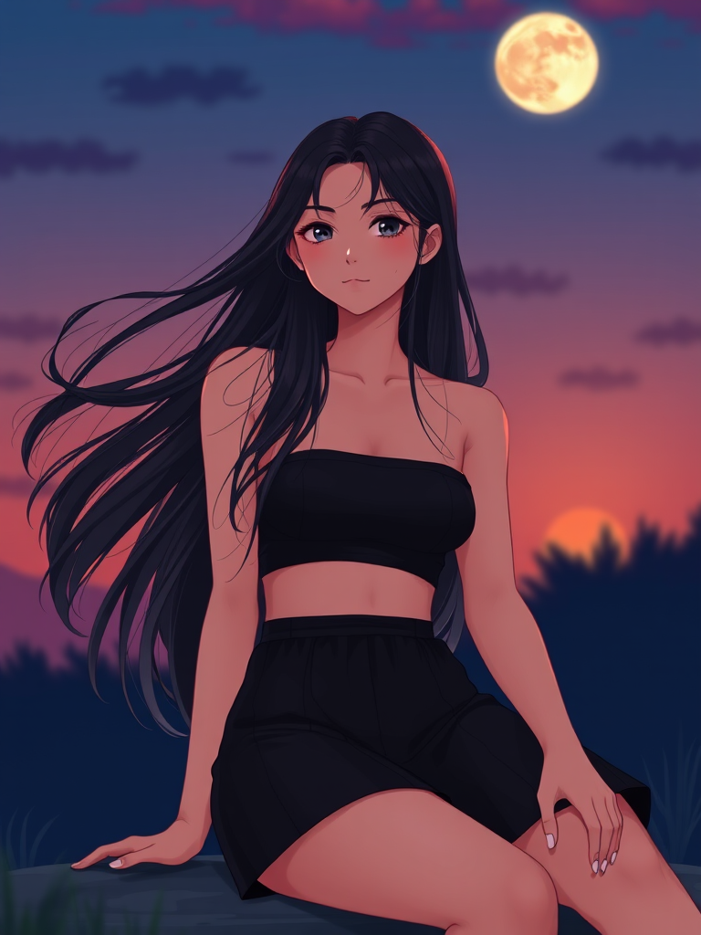 Create a high-quality illustration of a young woman with long flowing hair, wearing a black crop top and skirt, sitting against a twilight sky with a large, luminous moon, using a Canon EOS R5, 85mm lens, f/1.8 aperture, ISO 100, capturing soft bokeh for a dreamy effect.