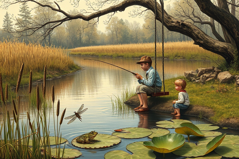 Imagine a small group of old fashioned young boys out fishing by the creek, a swing hanging from a tree branch, reeds and grasses by the water's edge, a frog sitting on a lily pad, dragonflies hovering over som water plans, a very iconic old fashioned scene reminiscent of a Norman Rockwell painting style
