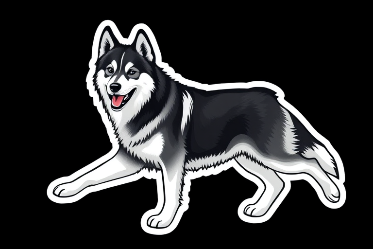 generate sticker, 3D black and white yakutian laika dog breed, black background