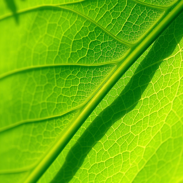 Generate a high-resolution illustration of a green leaf with realistic textures and details, shot with a macro lens at f/2.8, ISO 100, and a focal length of 50mm, in natural sunlight to enhance color vibrancy and shadow depth.