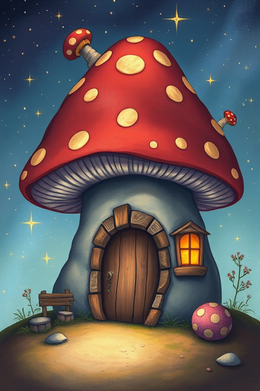 this image is illustration of a mushroom house with a door and a window, a storybook , fantasy art, mushroom house, bg starry sky, sparkles