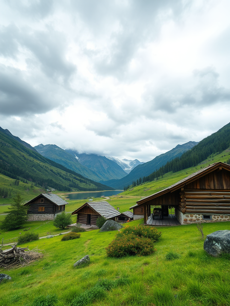 capture a picturesque valley scene with rustic cabins in the foreground, lush green grass and shrubs, majestic mountains in the background under a cloudy sky, focal length 24mm, aperture f/8, ISO 200, shoot from a low angle with a wide shot, using a DSLR camera