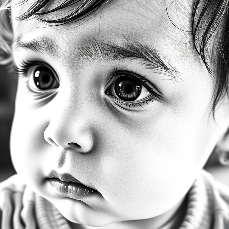 A hyperdetailed photorealistic black and white sketch of a beautiful toddler with deep black eyes, with a macro focus