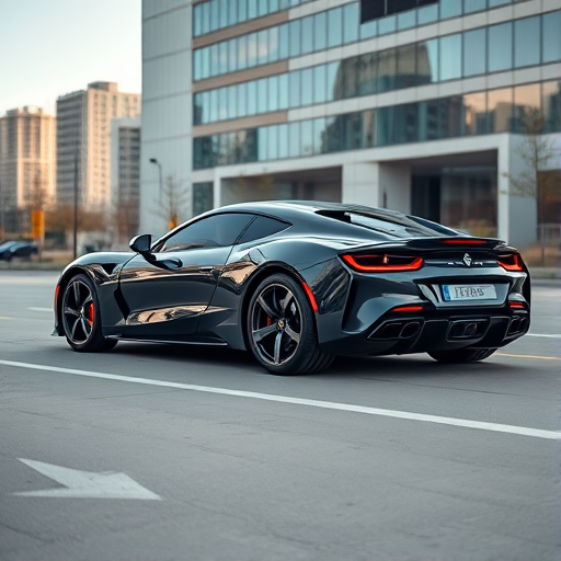 Create a high-resolution side profile image of a luxury sports car in a modern urban setting, using a DSLR camera with a 50mm lens, aperture f/2.8, shutter speed 1/200s, ISO 100, natural lighting, and a wide-angle view to enhance detail and clarity.