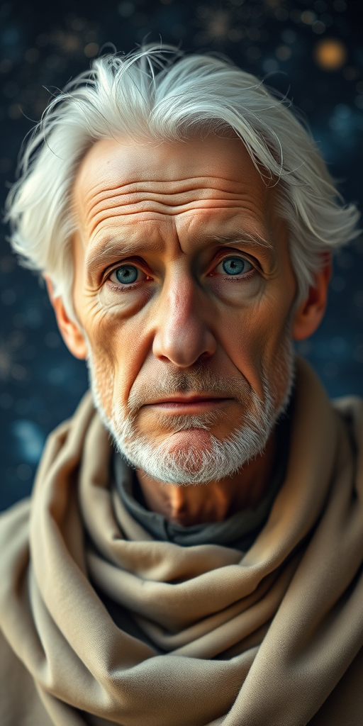 portrait of an elderly man with white hair and blue eyes, gazing thoughtfully at the viewer, wearing a beige cloak, intricate cosmic background with stars and galaxies, soft lighting, Canon EOS R5, 50mm lens, f/1.8, ISO 100, natural light, shallow depth of field