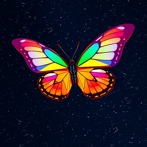 Create a vibrant, low-poly butterfly design with a colorful geometric pattern set against a starry night sky using a DSLR camera, f/2.8 aperture, ISO 100, 50mm lens, and wide-angle view for enhanced clarity and depth.