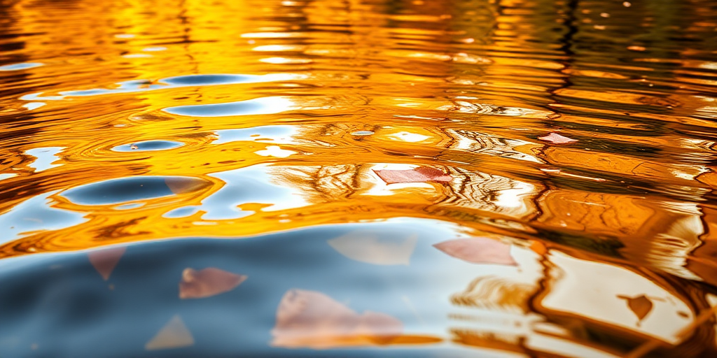 Generate a vibrant image of water reflecting golden autumn colors with a smooth surface, using a Canon EOS R5, 50mm lens, f/1.8 aperture, ISO 100, and a shutter speed of 1/200s, capturing a serene and warm atmosphere from a low angle view.
