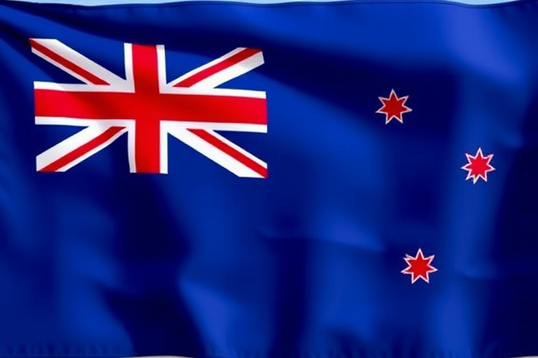 Create a high-resolution image of the New Zealand flag featuring a deep blue background with a Union Jack in the canton and four red stars on the right side, using a DSLR camera, f/8 aperture, ISO 100, shot in landscape mode, natural lighting, and a sharp focus to enhance details.