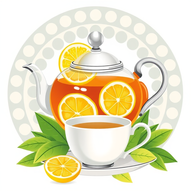 Generate an illustration of a teapot with slices of lemon and a cup, surrounded by green leaves and circular patterns, using a vector art style, with bright colors, high resolution, and a focus on smooth shapes and clean lines, captured with a digital camera, wide-angle lens, f/2.8 aperture, and soft diffused lighting.