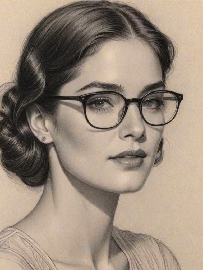 Splendid Janet Montgomery, pencil sketch, portrait of Exquisite woman 1933s in glasses, hair style beatnik, outline, clear lines, fine lines, 8k