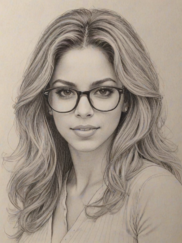 Enticing Shakira, pencil sketch, portrait of Graceful woman 1973s in glasses, hair style beatnik, outline, clear lines, fine lines, 8k