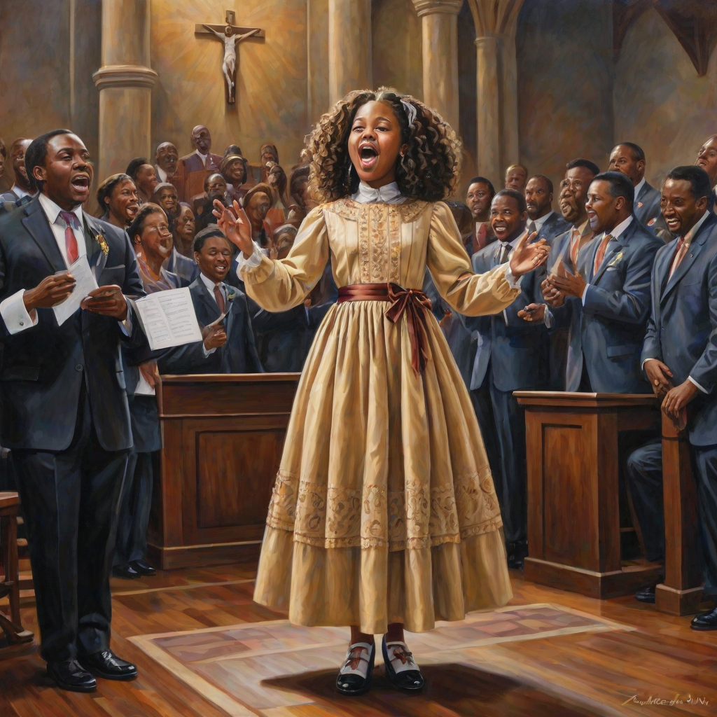 oil painting realistic a cute African American girl singing a gospel song, her hair is in ringlets with a ribbon, she is wearing a beautiful dress with matching shoes, she is standing on a stage in a church with a black choir, music notes. vibrant colors highly detailed