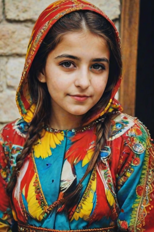 A beautiful Turkish girl, wearing colorful bird clothing with vibrant colors