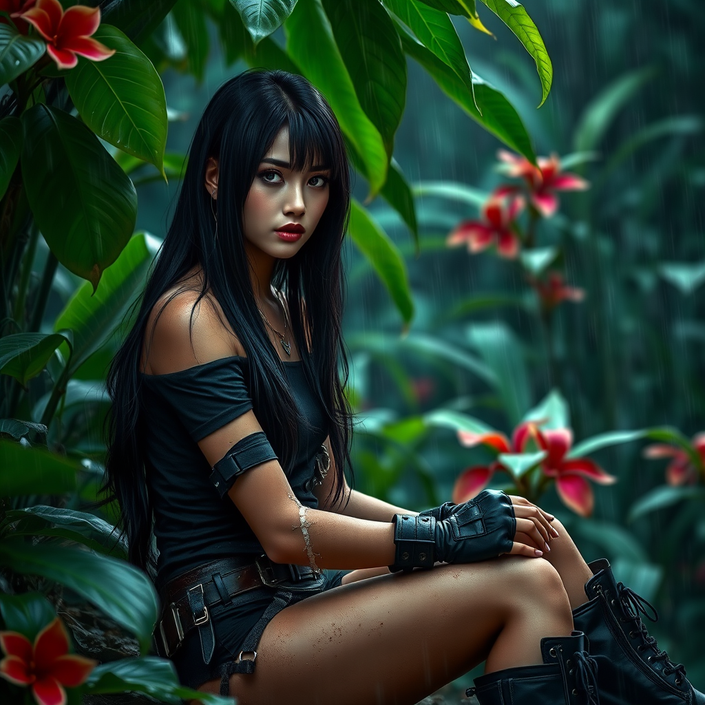 A highly detailed photograph of a woman with long black hair, sitting in the rain beneath lush green foliage. She wears a black off-the-shoulder top, fingerless gloves, and combat boots, giving her a rugged, militaristic look. Her left arm is bandaged, hinting at a recent struggle. The jungle background is vibrant, with large green leaves and red flowers contrasting against the rainy, dark sky. Fine rain droplets add realism and atmosphere to the scene.