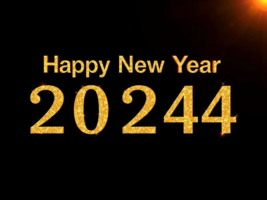 Create an image of "Happy New Year 2024" in golden letters with a shimmering effect on a black background, using a DSLR camera with a 50mm lens, f/1.8 aperture, ISO 100, and a shallow depth of field for enhanced clarity and richness in color.