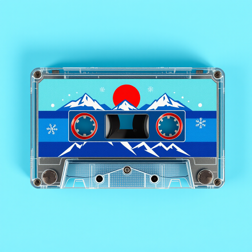 A retro cassette tape with a blue design, featuring stylized mountains, a red sun, and snowflakes, high resolution, 50mm lens, f/2.8 aperture, ISO 100, top-down view, digital art style, vibrant colors.
