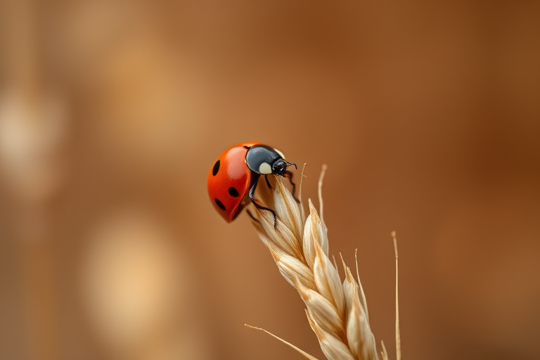A close-up of a ladybug perched on a wheat stalk, surrounded by a soft, dreamy bokeh background with warm earthy tones, captured with a DSLR camera at f/2.8 aperture, ISO 100, 50mm lens, maintaining a shallow depth of field for a crisp subject focus and smooth background blur.