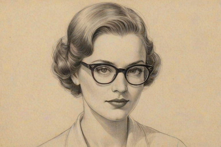 Sublime Leila George, pencil sketch, portrait of Pleasing woman 1935s in glasses, hair style beatnik, outline, clear lines, fine lines, 8k