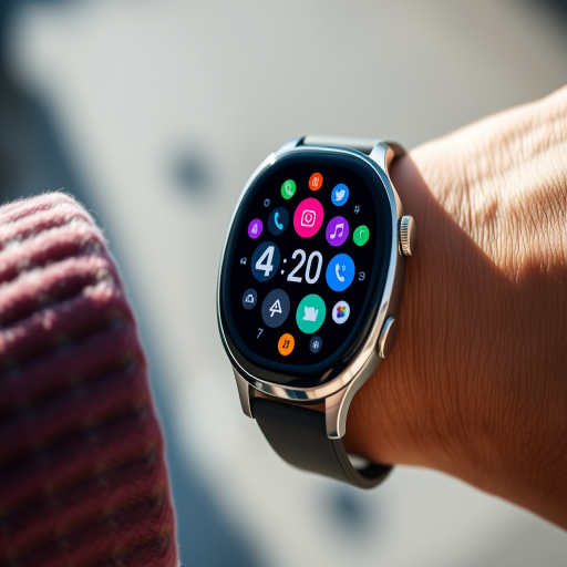 Create a high-resolution image of a modern smartwatch displaying the time 4:20 with colorful app icons on the screen, using a 50mm lens at f/1.8 aperture, 1/125 shutter speed, in bright daylight, shot from a high angle to capture detail and depth.