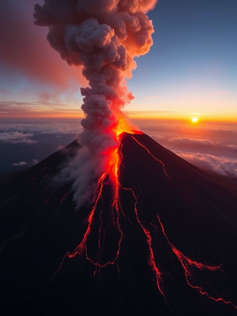 High-resolution image of a volcanic eruption at sunrise, capturing smoke and ash billowing from the summit, with a wide-angle view, using a Canon EOS 5D Mark IV, f/8 aperture, ISO 100, 1/250 sec shutter speed, and polarized filter.