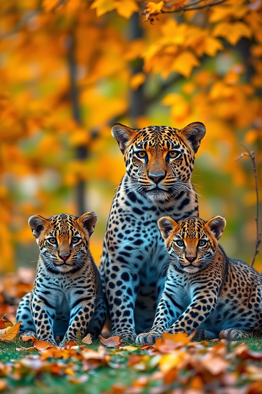 Generate a high-resolution image of a leopard family with a mother and two cubs sitting together amid a vibrant autumn backdrop filled with orange and yellow leaves, using a DSLR camera with a 50mm lens, aperture f/1.8, ISO 200, shallow depth of field, and soft lighting for enhanced warmth and detail.